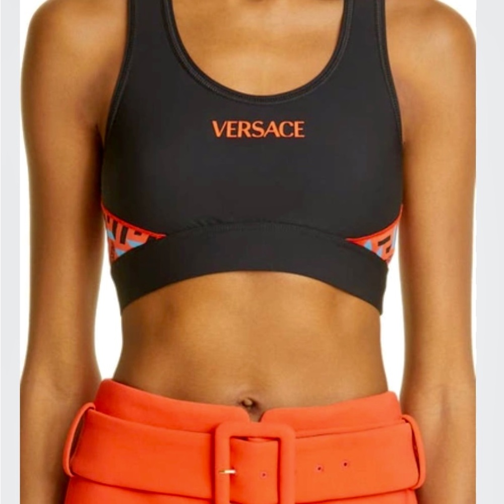 VERSACE NWT LA GRECA SIGNATURE ACCENT SPORTS BRA, BLACK/ORANGE, SIZE 4 (LG) - Picture 3 of 15